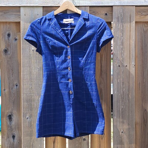Urban Outfitters Sonata Blue Plaid Button Down Romper Sz XS FUN FLIRTY PLAYFUL - Picture 2 of 4